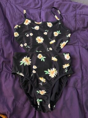 Old Navy Black One-Piece Swimsuit with Yellow Daisy Print